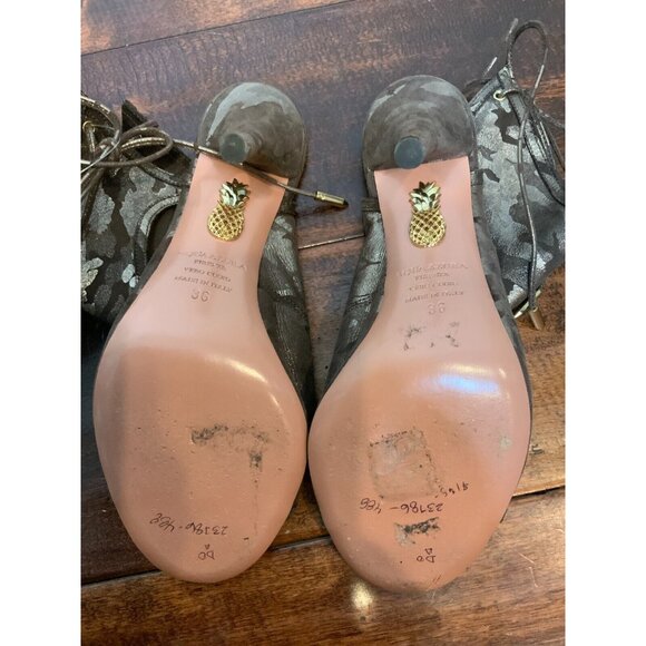 Aquazzura Brown & Gold Shimmer Camo Patterned Cut-Out Leather Heels, Size 36 | 6 - Picture 7 of 7